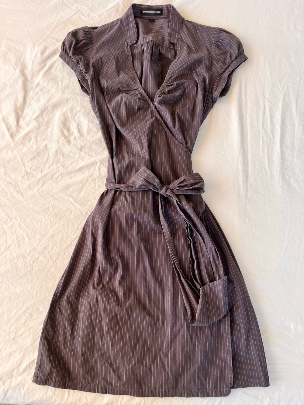 Wrap Dress with Tie Waist in gray with pink and white Pinstripe
